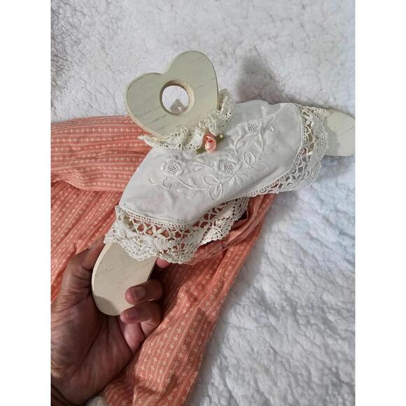 Vintage Handmade Dress On Wooden Hanger Heart Floral Lace Orange & Ivory Decor - Picture 8 of 16